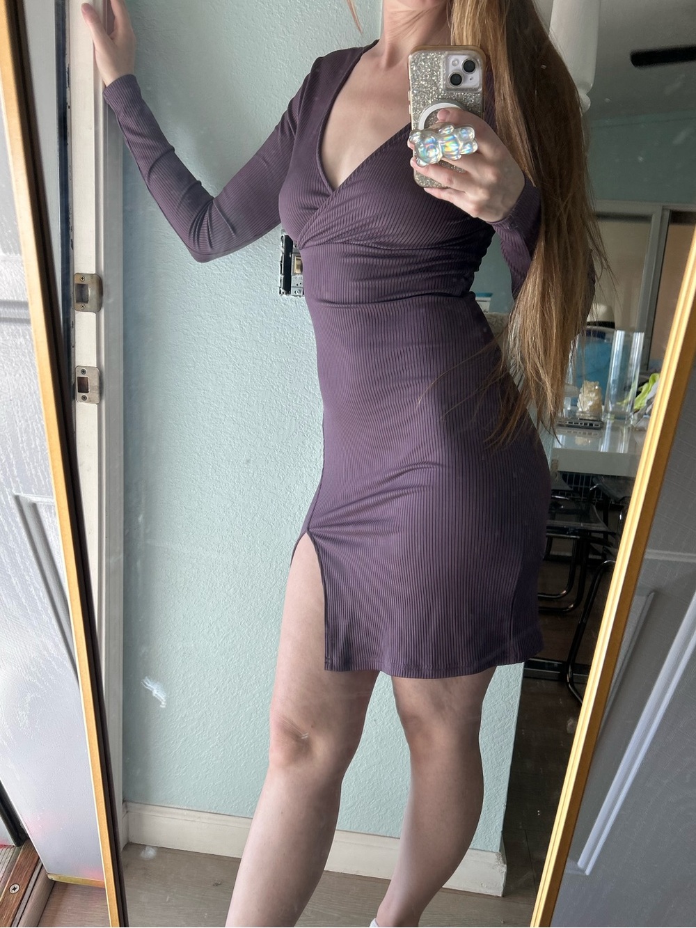 Divided Deep Plum Ribbed Long-Sleeve Wrap Dress with Side Slit